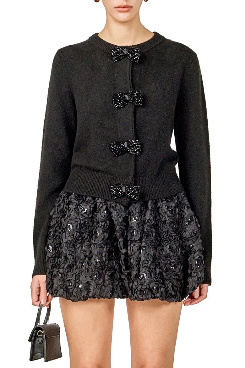 Rhinestone Bow Cardigan, Main, color, BLACK