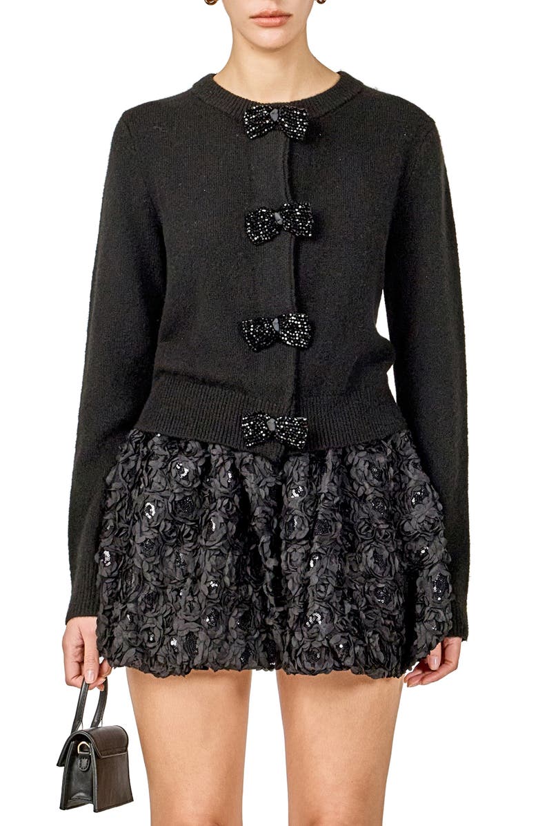 Endless Rose Rhinestone Bow Cardigan, Main, color, Black