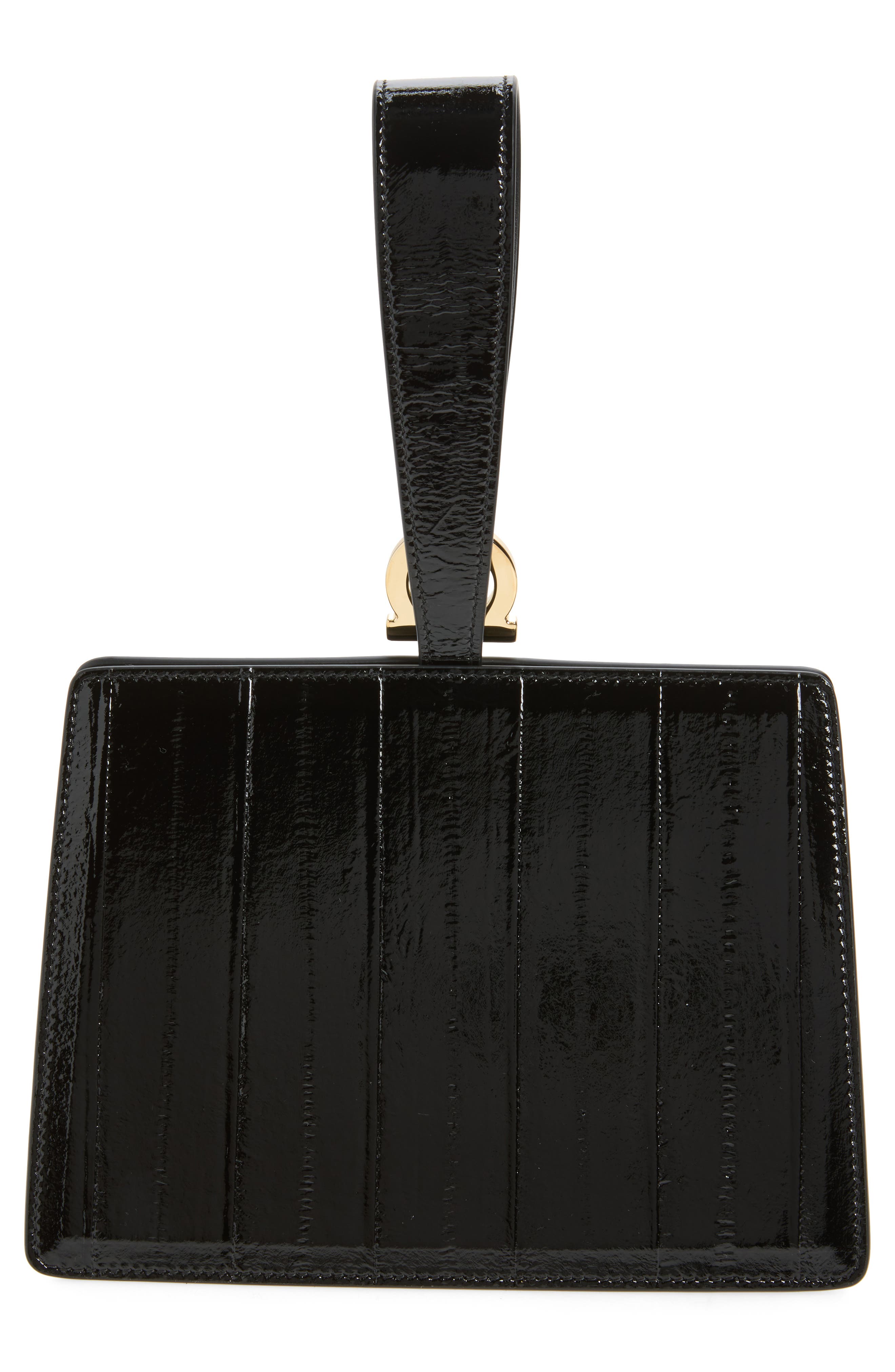 Double Gancio Patent Leather Clutch, Alternate, color, NERO
