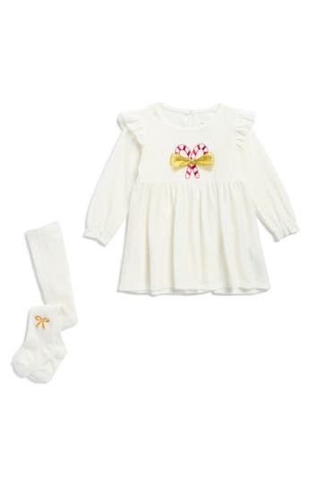 Baby Starters Candy Canes Long Sleeve Dress & Socks Set In White