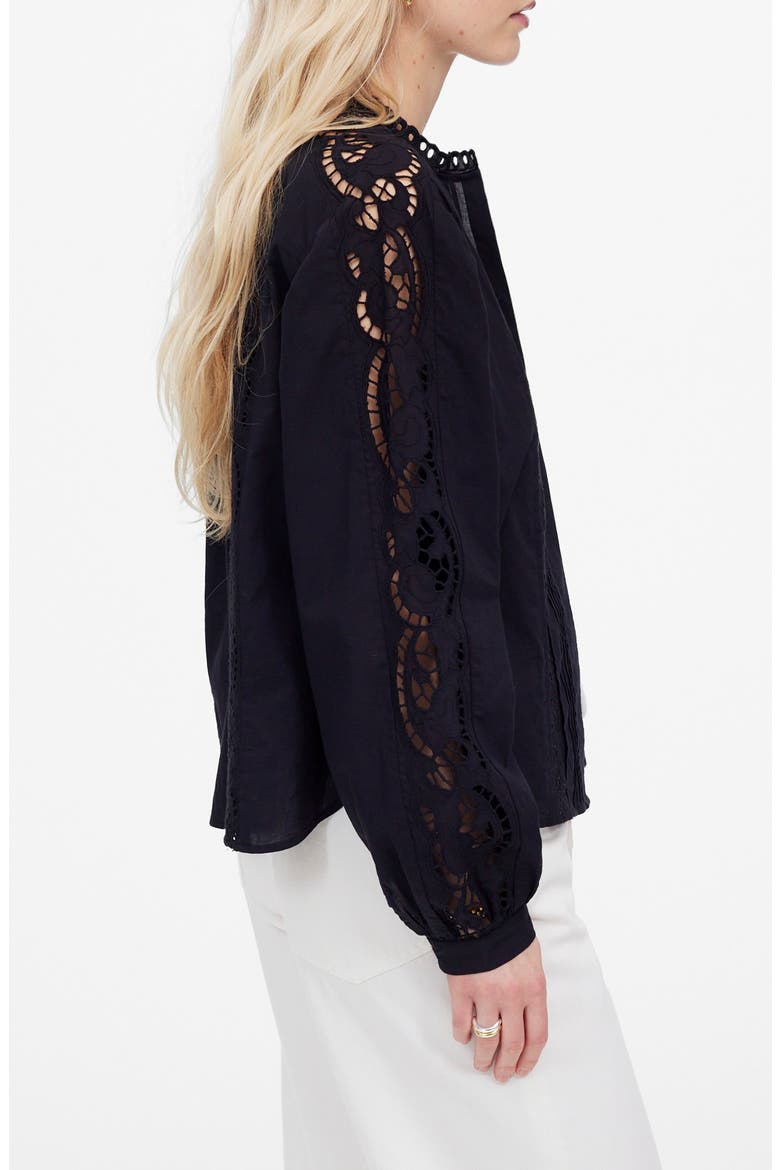 Lace Inset Pintuck Button-Up Shirt, Alternate, color, JET BLACK