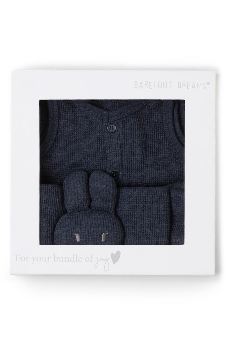 Barefoot Dreams<sup>®</sup> Waffle Knit Romper, Cap & Bunny Set, Alternate, color, Indigo