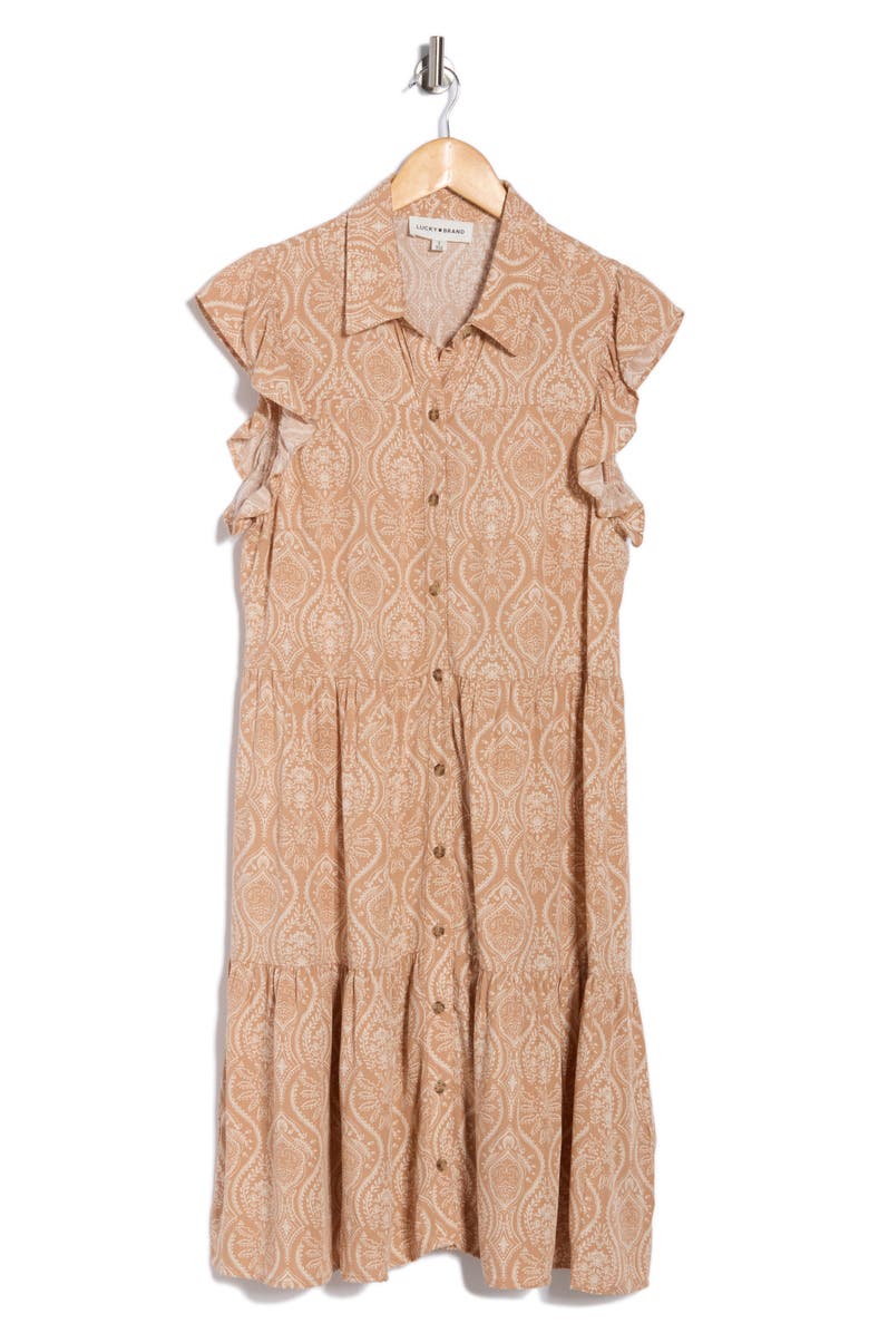 Lucky Brand Flutter Sleeve Shirtdress, Main, color, Tan Tile
