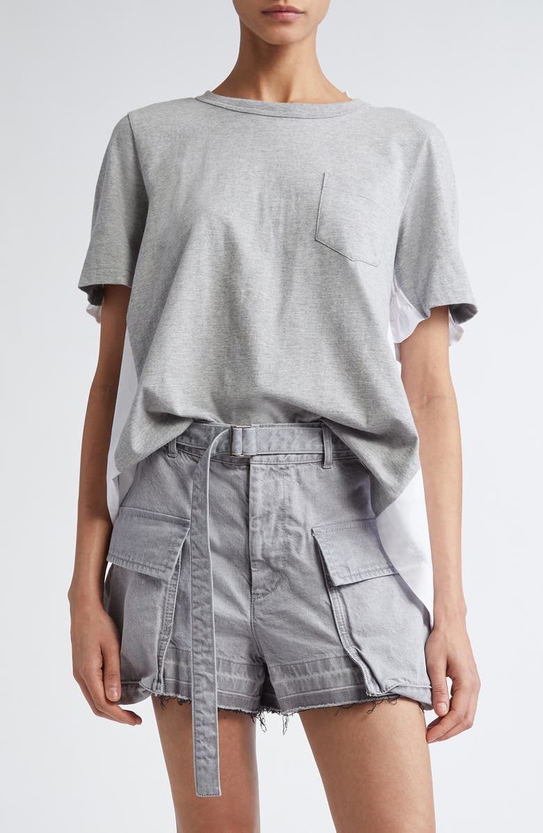 Sacai Mixed Media Poplin & Jersey Top, Main, color, L/ Gray/ Off White 378