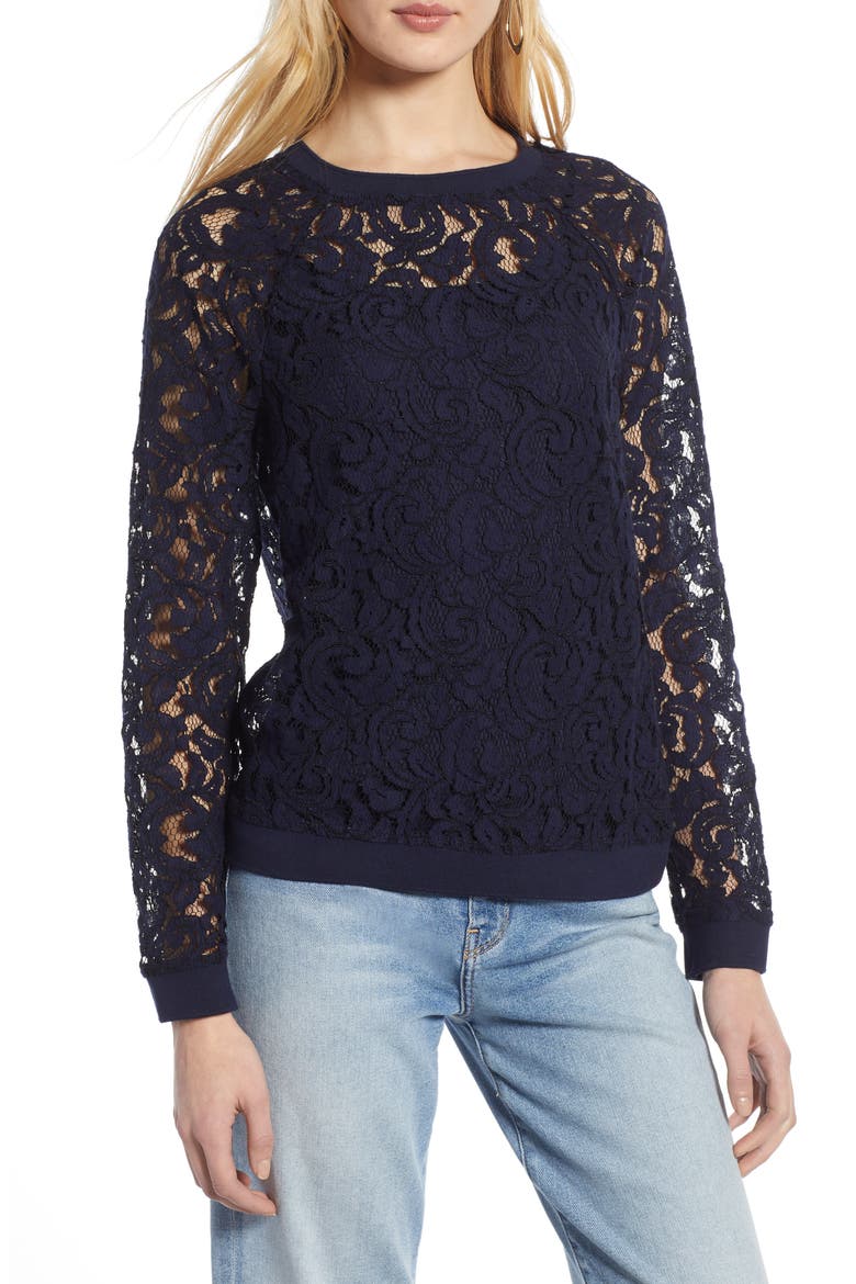 Rib Trim Lace Top, Main, color, NAVY