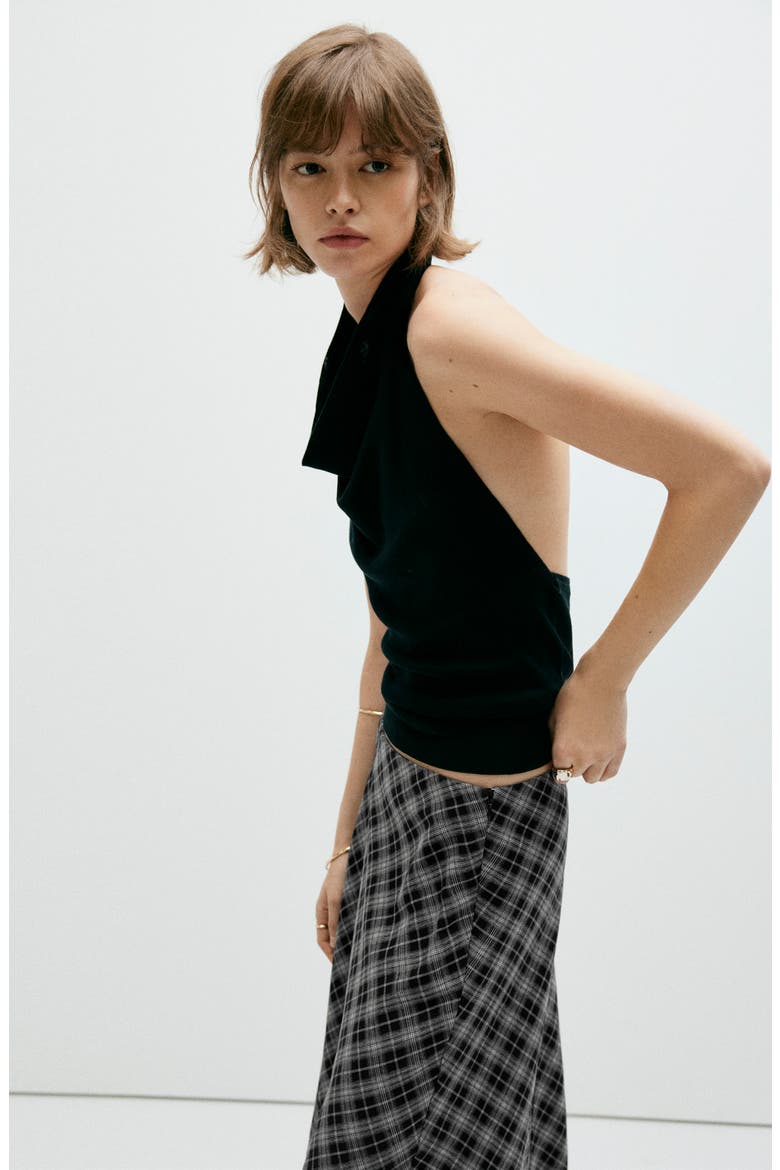Lace Trim Plaid Midi Skirt, Alternate, color, BLACK