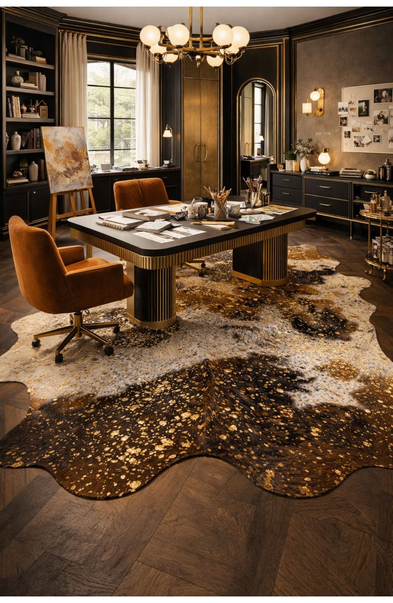 Rhacam Eco Hides RH Rugs Luma Metallic Gold Cowhide Rug 8'3" × 6'11", Alternate, color, Metallic Gold