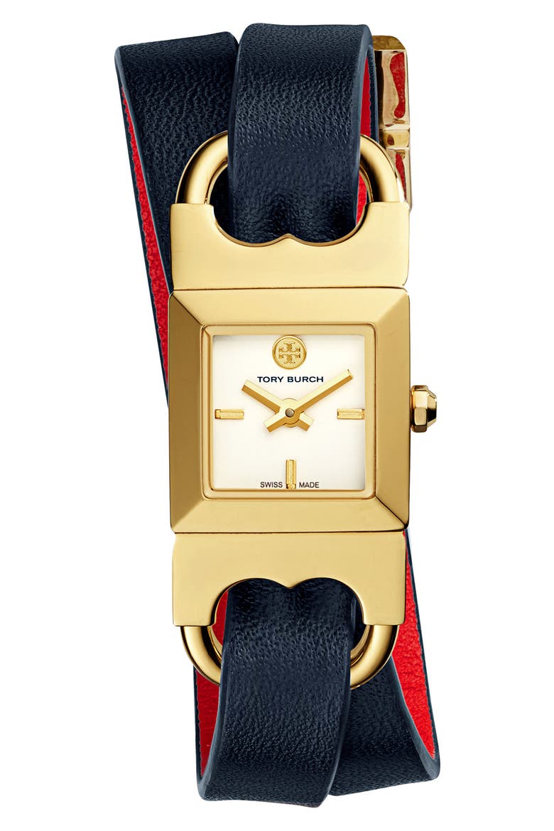 Double T Link Reversible Wrap Leather Strap Watch, 19mm x 23mm, Main, color, PARROT RED/ TORY NAVY