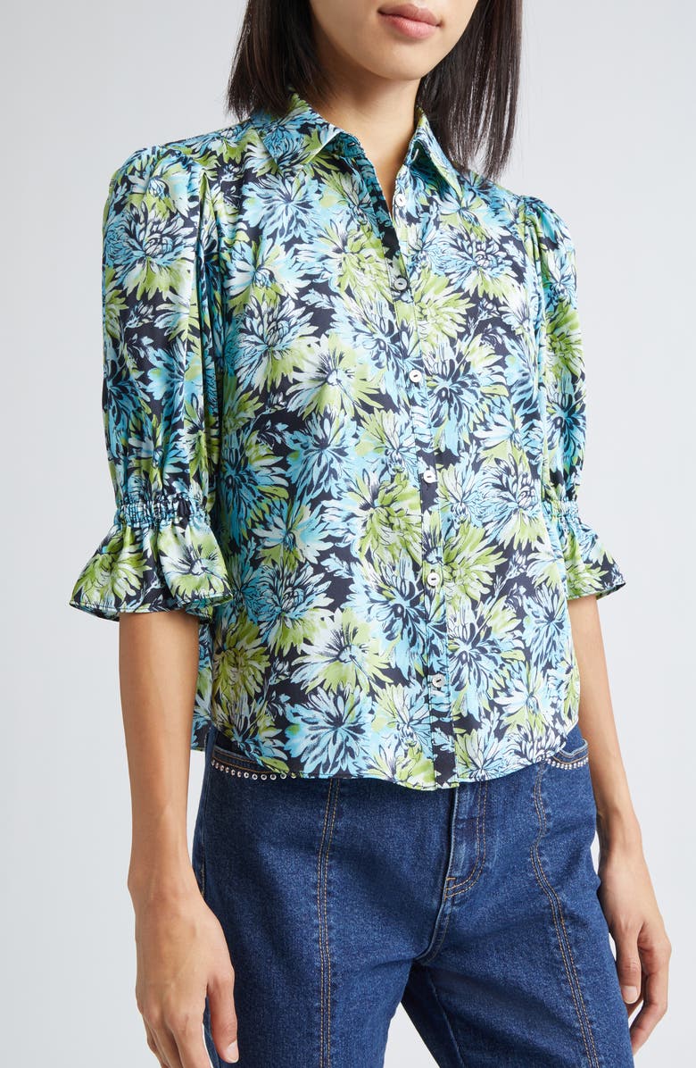 Cinq à Sept Fiona Dahlia Print Button-Up Shirt, Alternate, color, Tropical Sky Multi