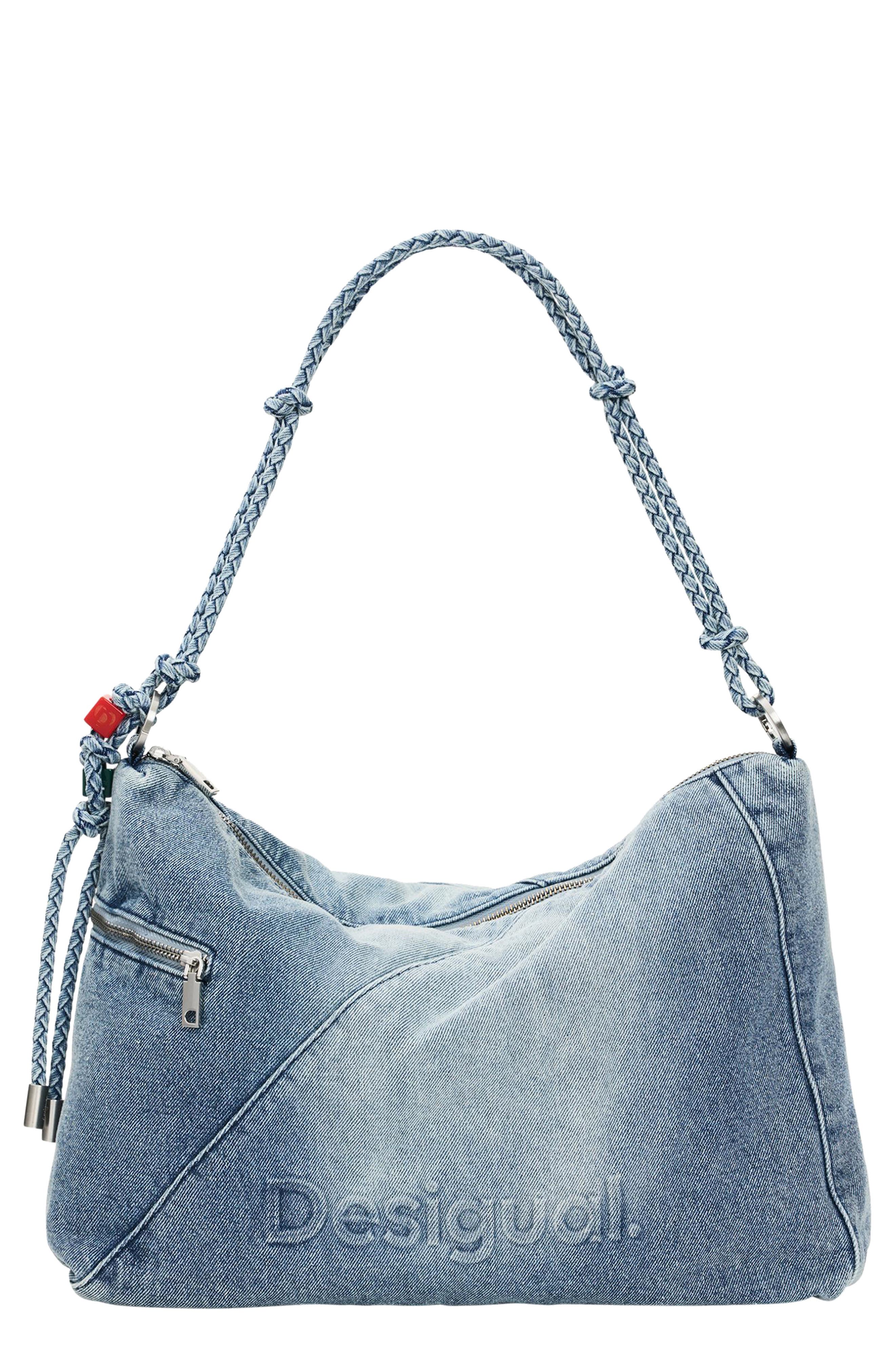 Desigual Logo Embossed Denim Shoulder Bag, Main, color, 