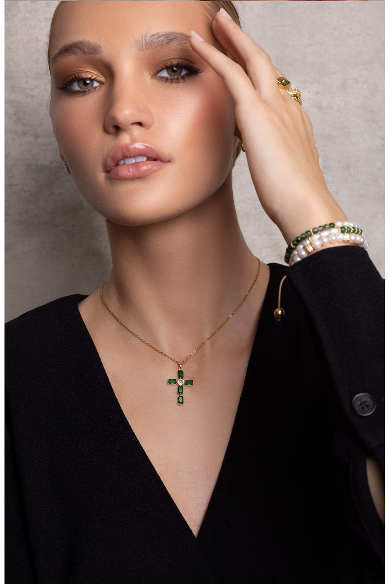 CZ Cross Necklace, Alternate, color, Green