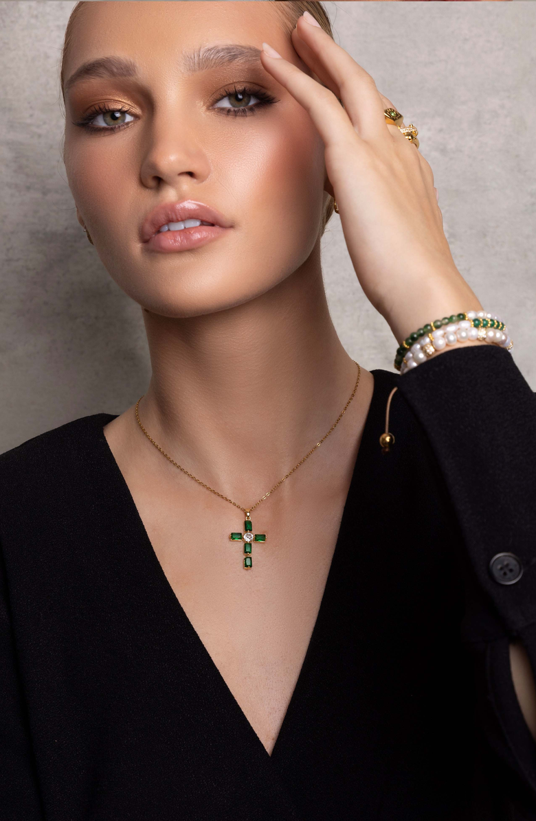 Nialaya CZ Cross Necklace, Alternate, color, Green