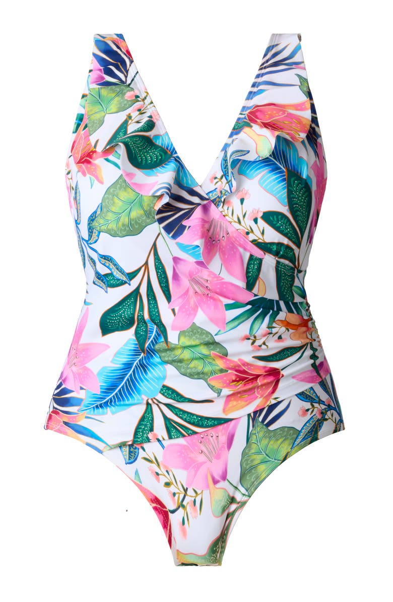 Longitude Ruffle Front Surplice Long Torso One-Piece Swimsuit, Alternate, color, Midnight Plumeria