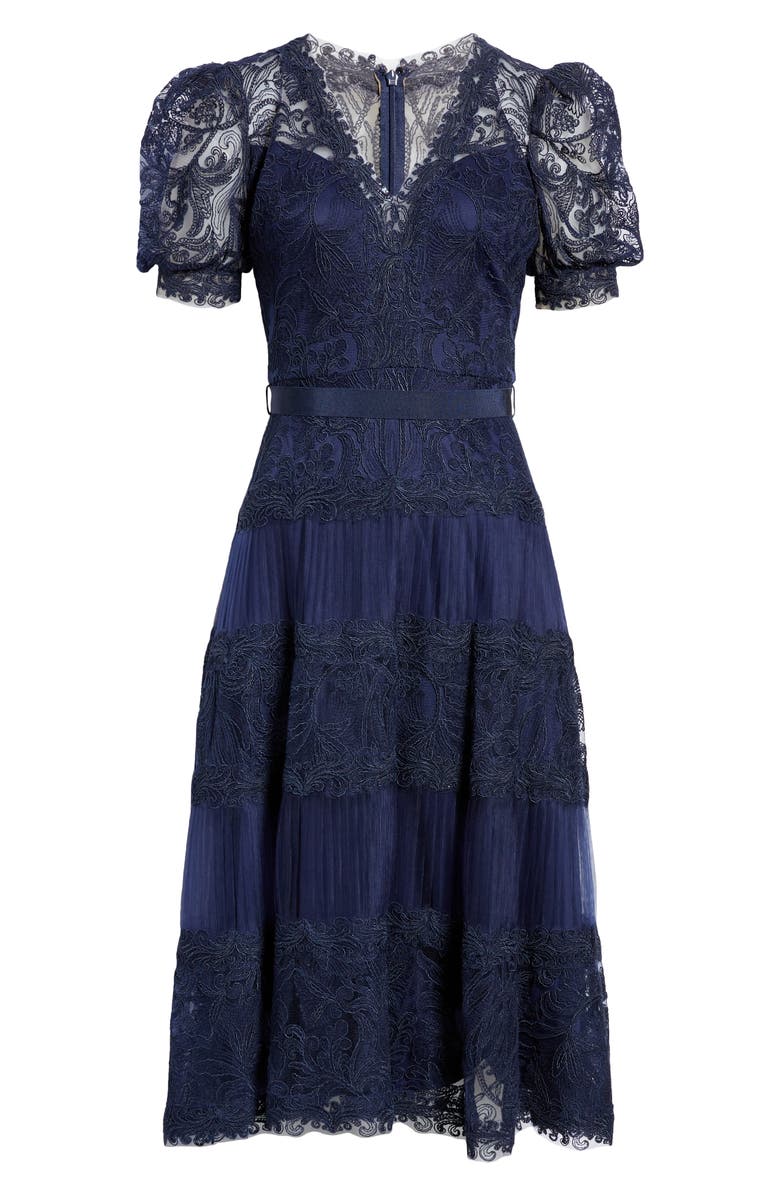 Tadashi Shoji Embroidered Lace Tiered Midi Dress, Alternate, color, Royal Navy