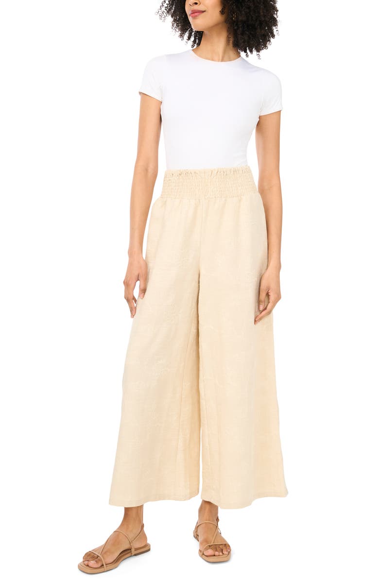Vince Camuto Smocked Waist Crop Wide Leg Pants, Alternate, color, Sand Drift