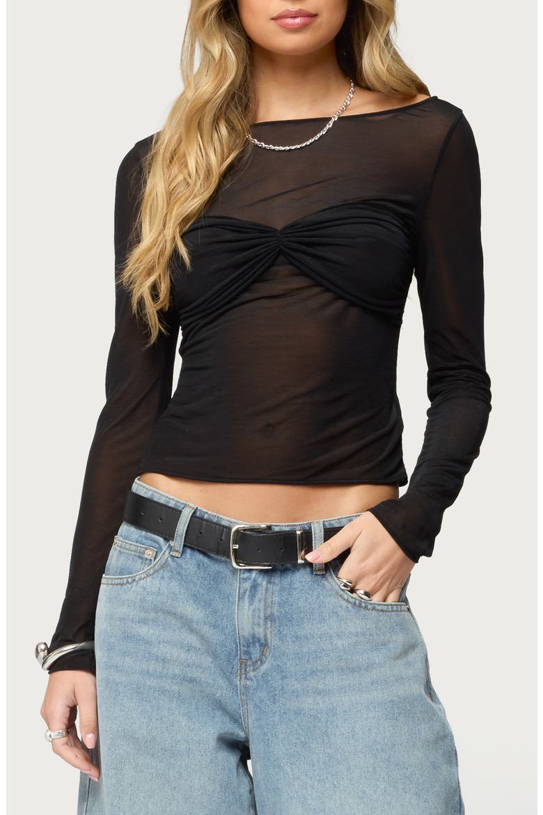 Oona Sheer Gathered Long Sleeve Shirt, Main, color, BLACK
