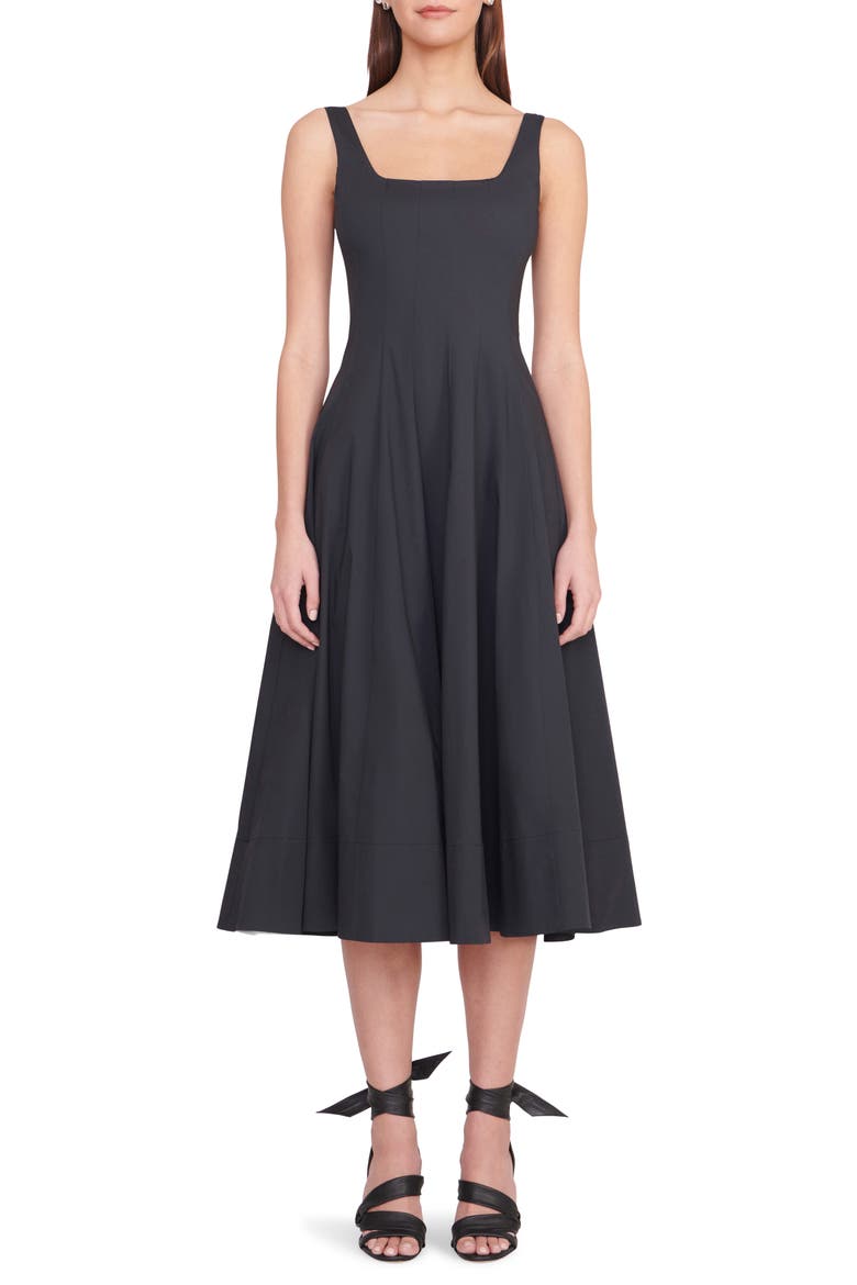 Wells Stretch Cotton Poplin Midi Fit & Flare Dress, Main, color, BLACK