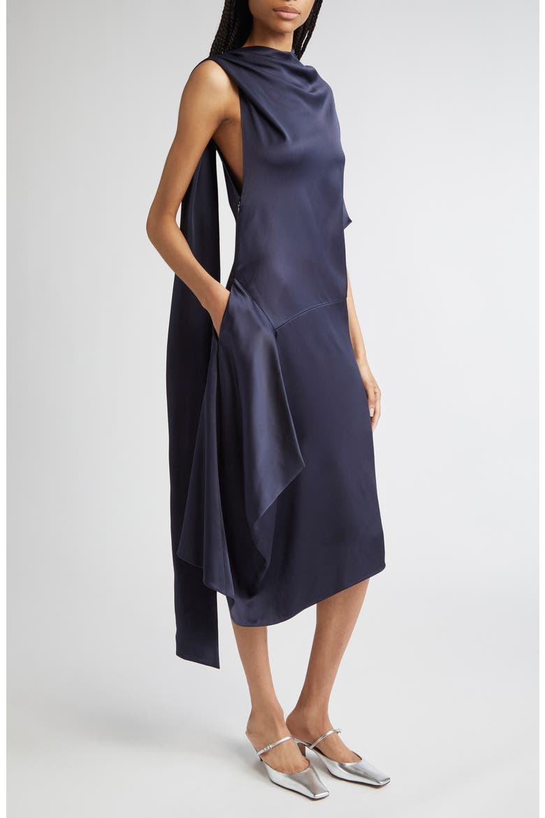 Asymmetric Satin Midi Dress, Alternate, color, 4101 - INK