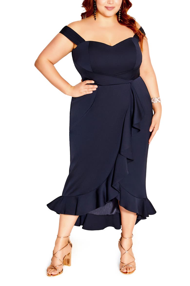 The Hypnotise Faux Wrap Midi Dress, Main, color, DARK NAVY
