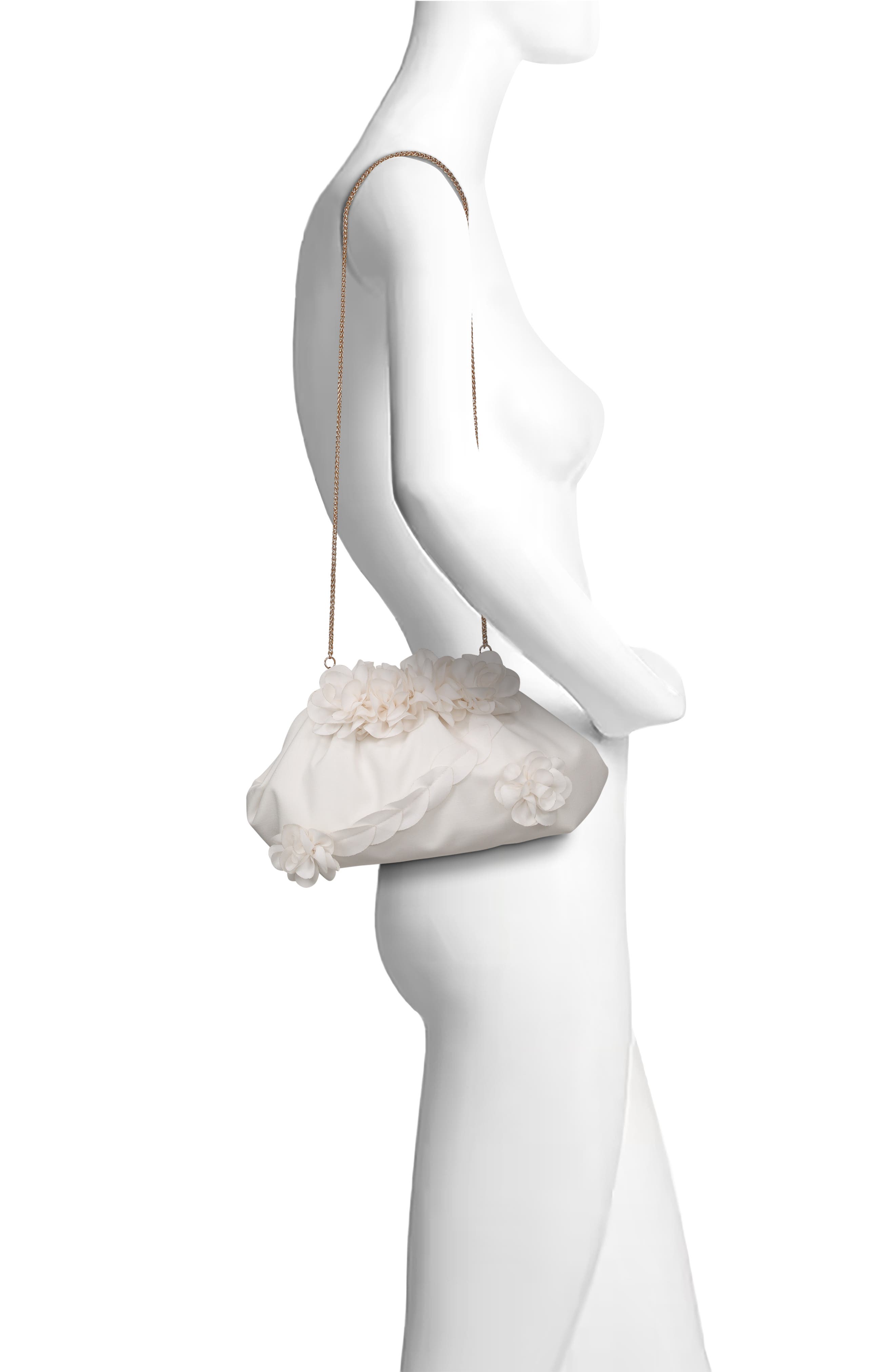 Jewel Badgley Mischka Violet Jacquard Satin Floral Applique Pouch Clutch, Alternate, color, Soft White