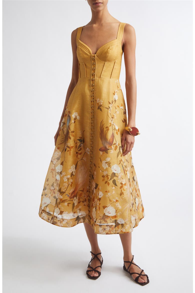 Momentum Floral Corded Linen & Silk Organza Midi Dress, Main, color, GOLD BIRD FLORAL