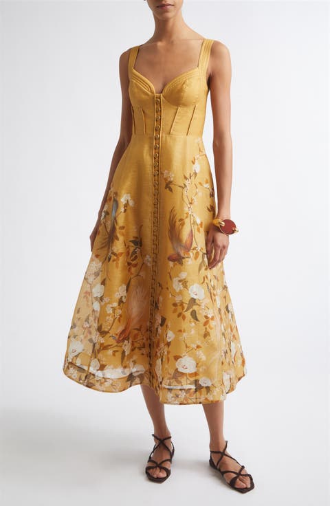 Momentum Floral Corded Linen & Silk Organza Midi Dress