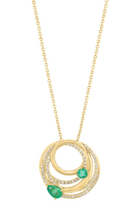 14K Gold Diamond & Emerald Pendant Necklace