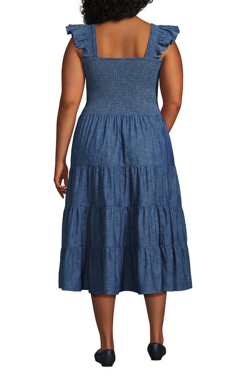 Lands' End Chambray Smocked Dress With Ruffle Straps In Medium Indigo Chambray