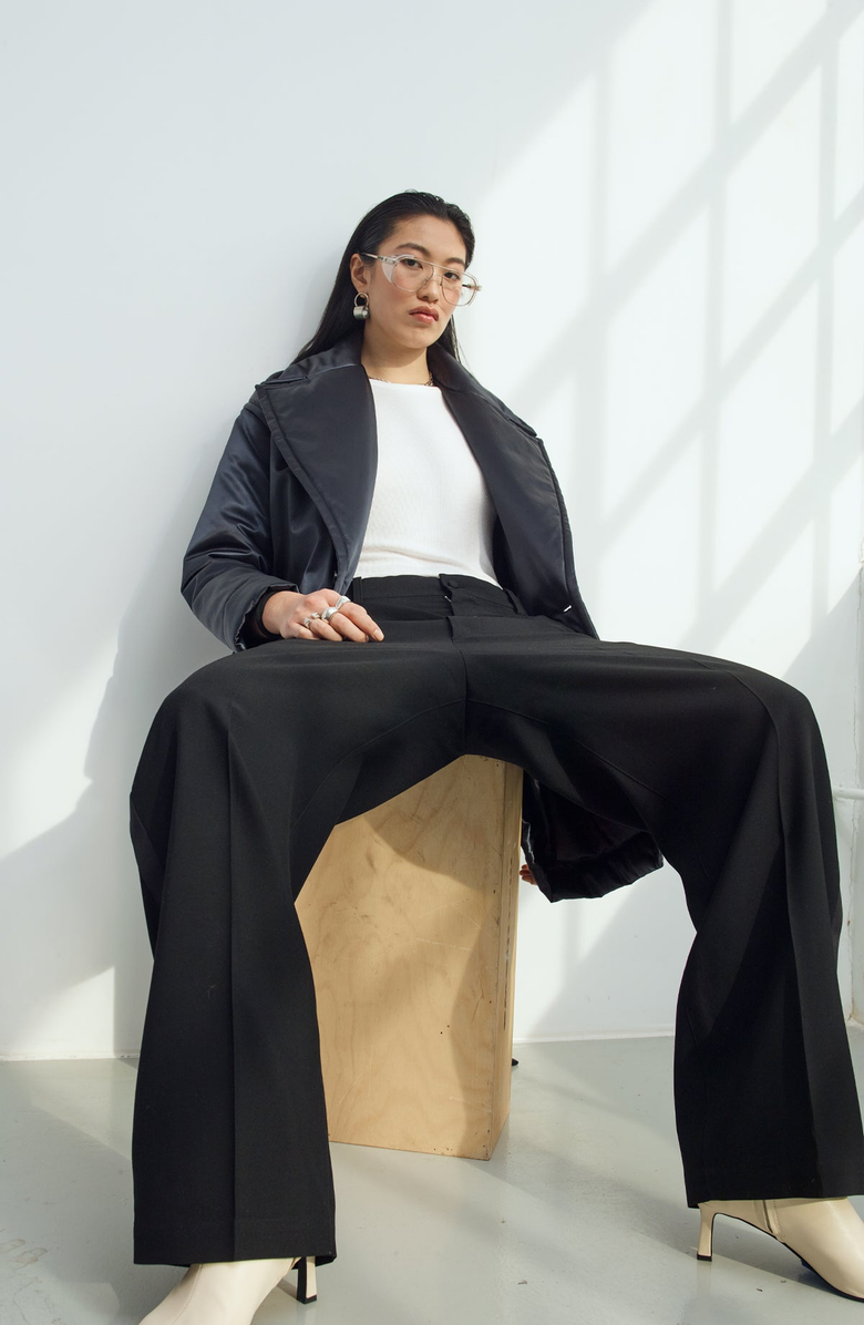 CAALO Satin Down Coat, Alternate, color, Black