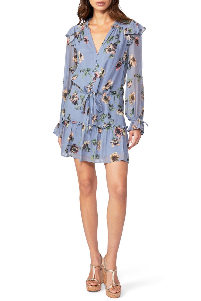 Pomello Long Sleeve Silk Minidress, Main, color, FLTBLUMLT
