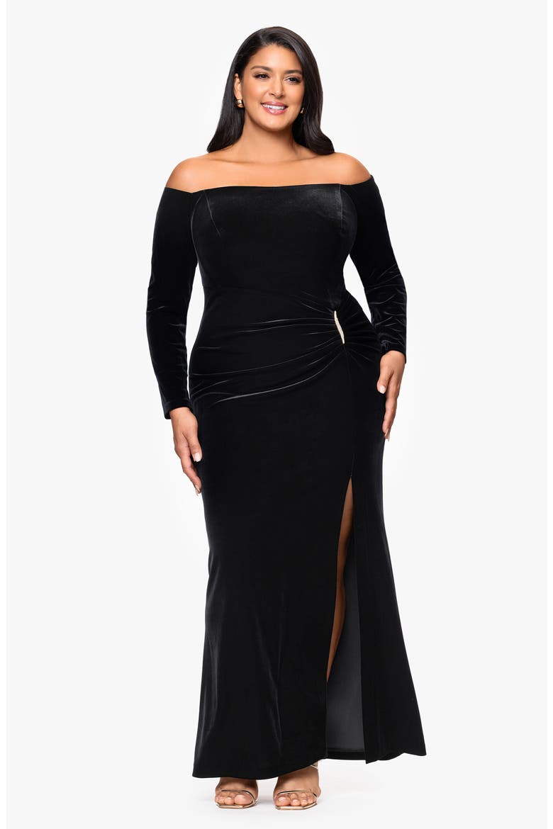 Off the Shoulder Long Sleeve Stretch Velvet Mermaid Gown, Alternate, color, BLACK