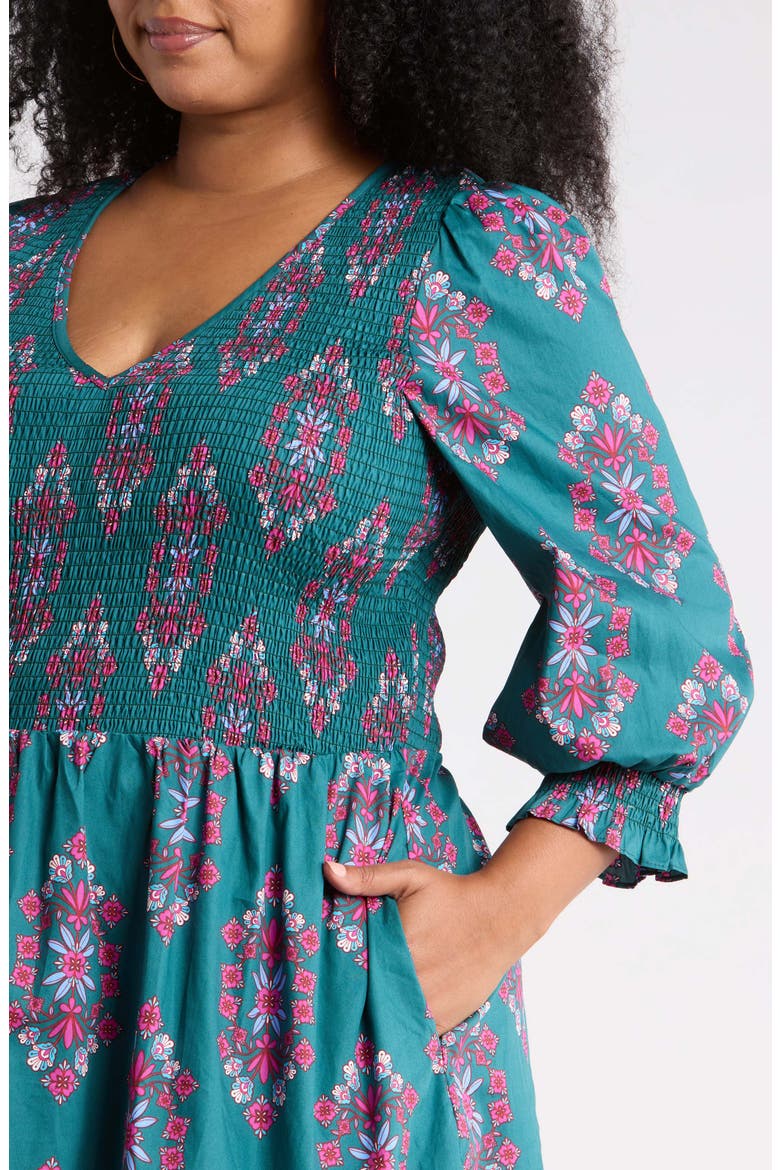 Isme Floral Smocked Cotton Fit & Flare Midi Dress, Alternate, color, TEAL-PINK