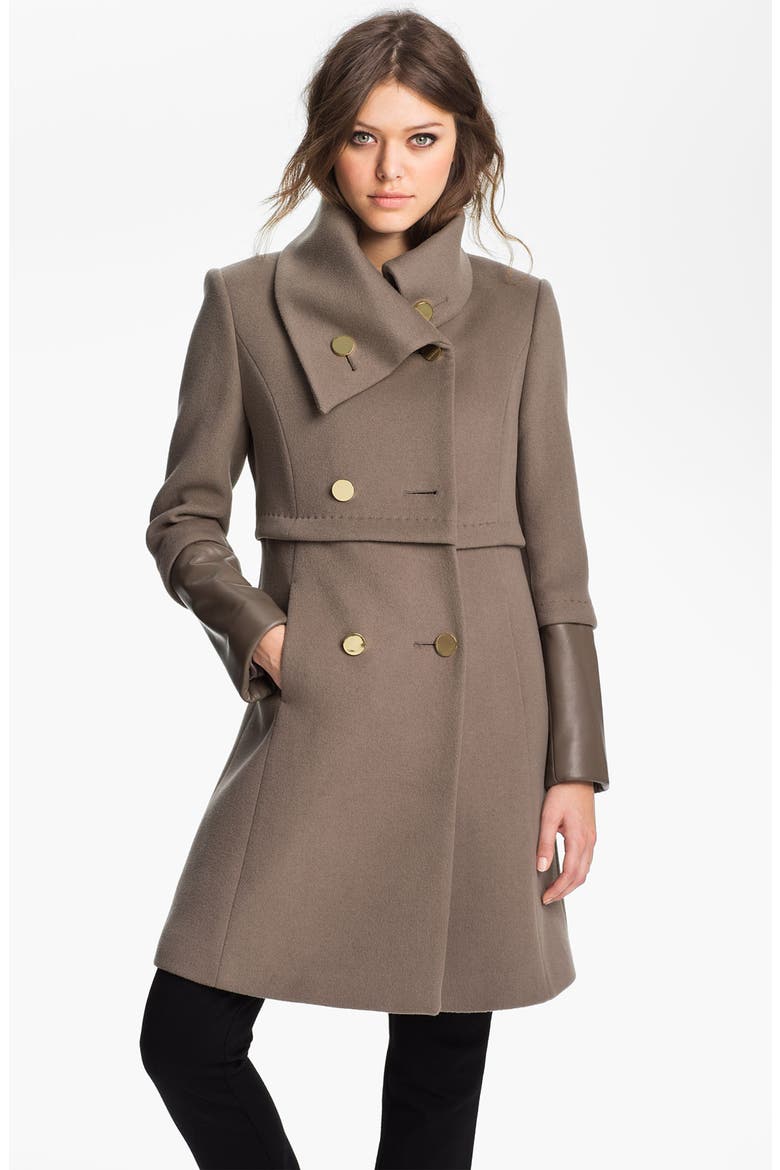 Leather Trim Wool Coat, Main, color, OIL/ MINK