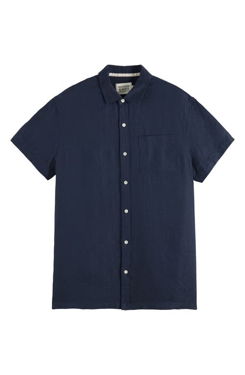 Scotch & Soda Core Solid Short Sleeve Button-up Shirt In Night