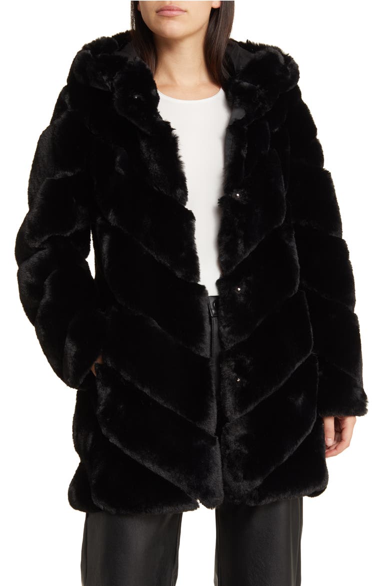 Chevron Faux Fur Hooded Jacket, Alternate, color, BLACK