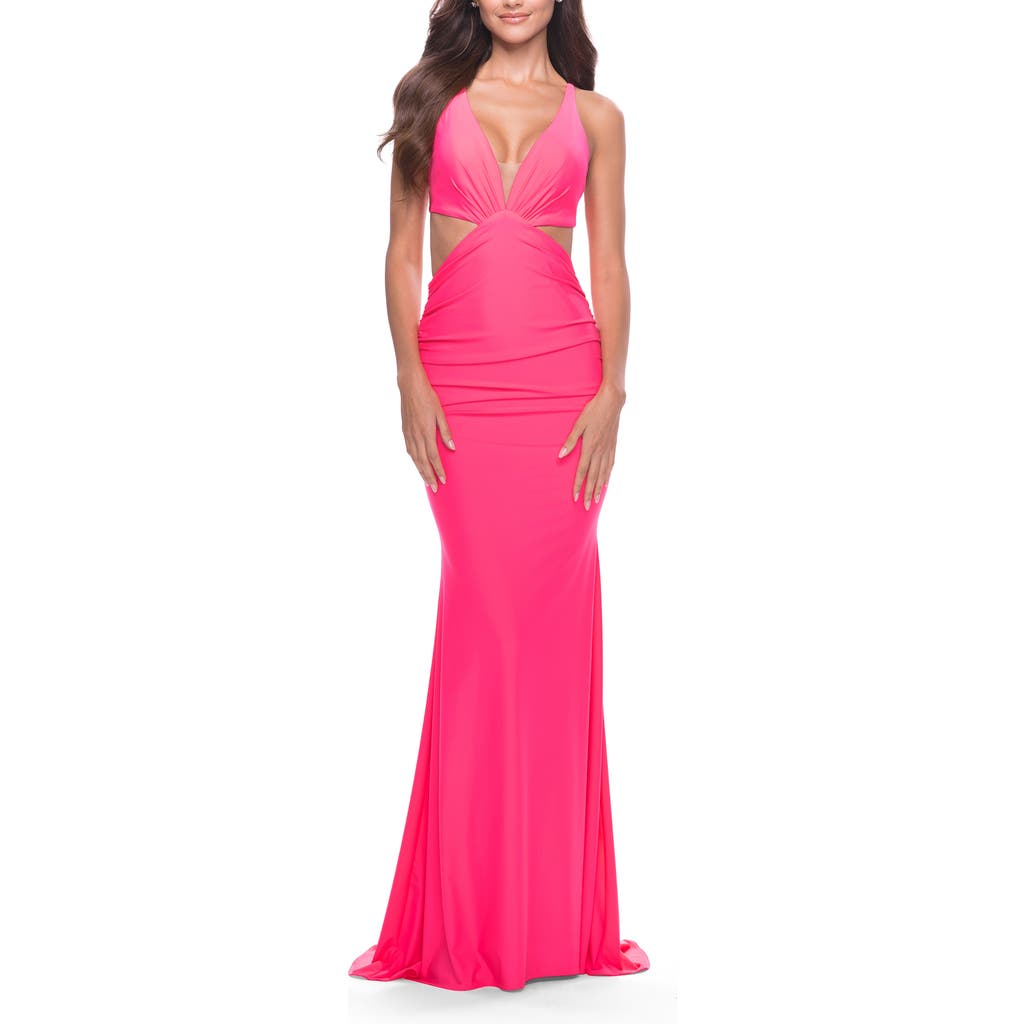 La Femme Prom Dress With Cut Out Sides And Low Open Back In Neon Pink