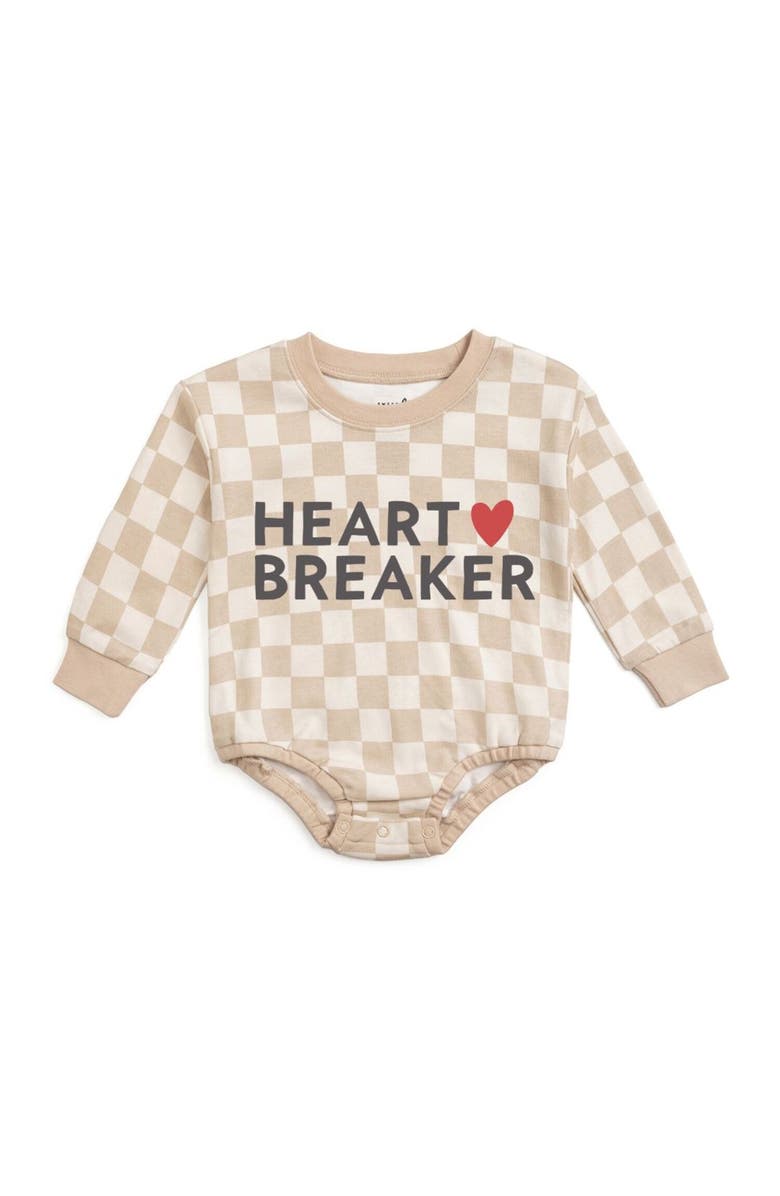 Sweet Wink Heartbreaker Checkered Valentine
s Day Long Sleeve Romper, Main, color, Natural