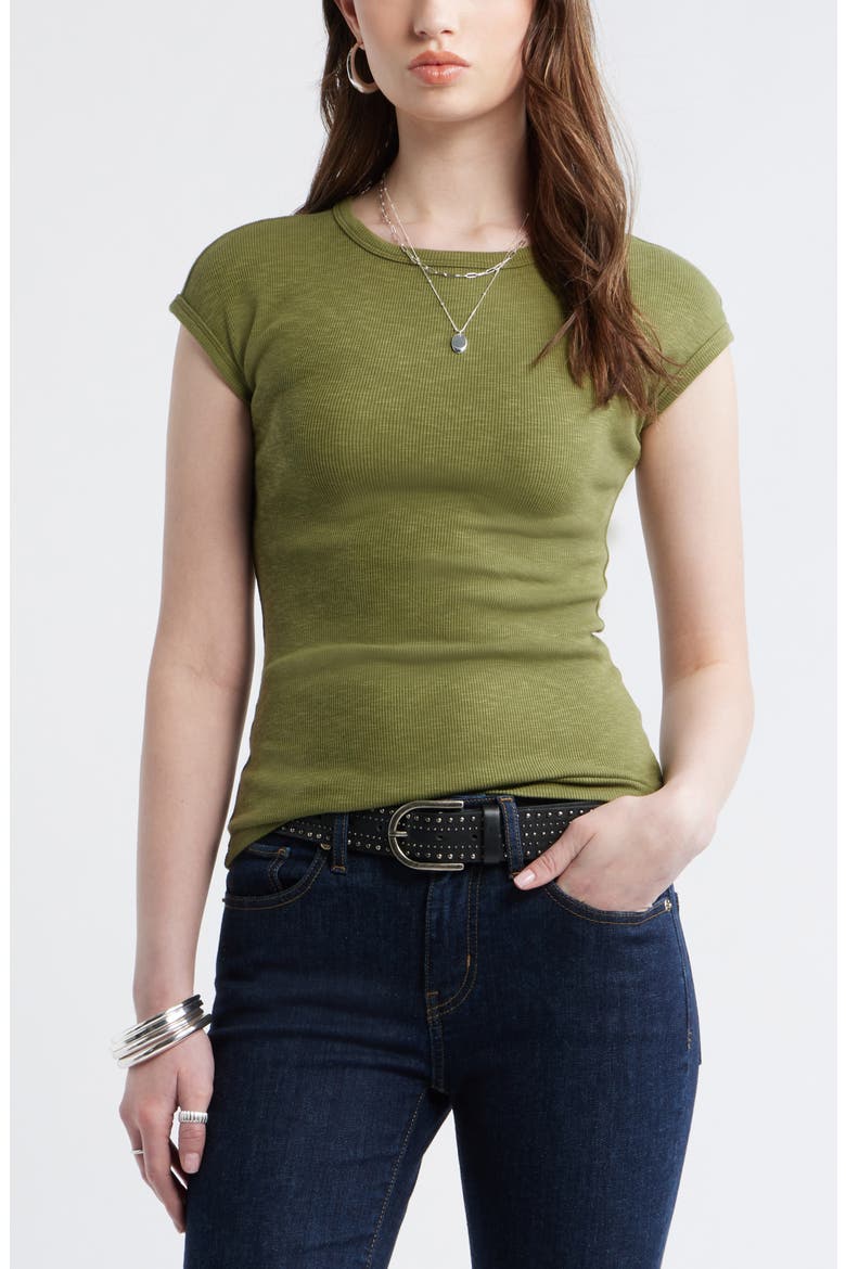 Cap Sleeve Stretch Cotton & Modal Rib T-Shirt, Main, color, OLIVE CAPULET
