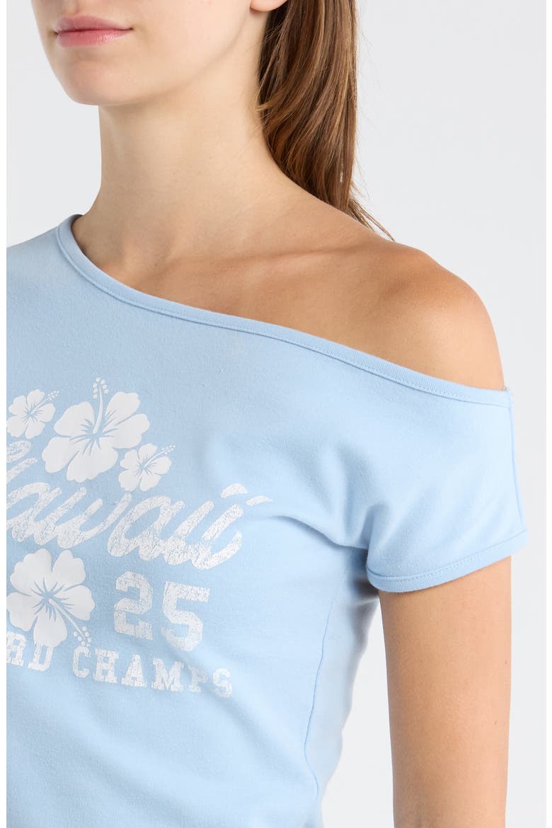 <p>Hawaii 25 Off the Shoulder Graphic Tee</p>, Alternate, color, LIGHT BLUE