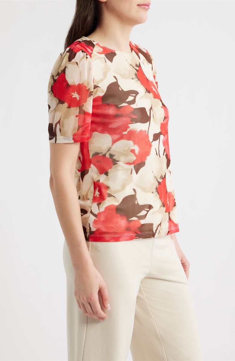 Anne Klein Floral Print Ruched Sleeve Top, Alternate, color, White Dove Multi