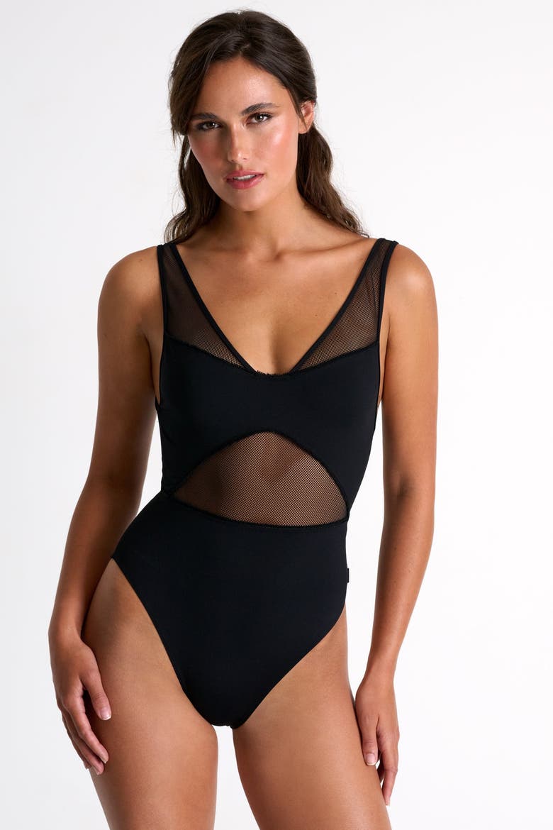 Grid Mesh Plunging One-Piece, Main, color, Black