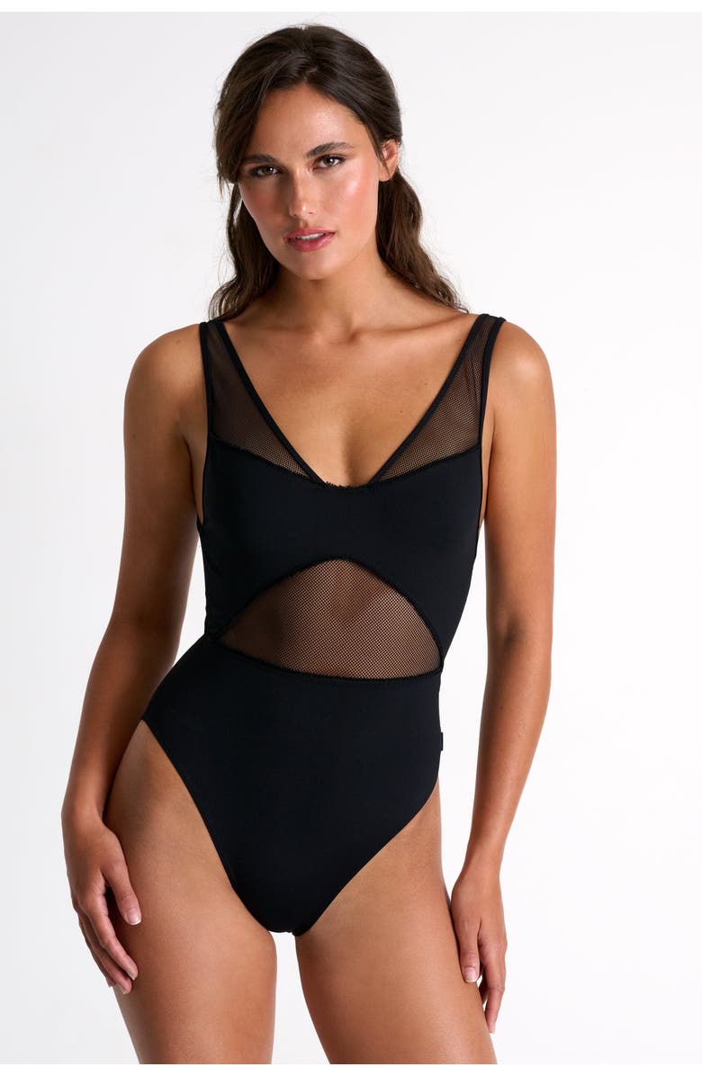 SHAN Grid Mesh Plunging One-Piece, Main, color, Black