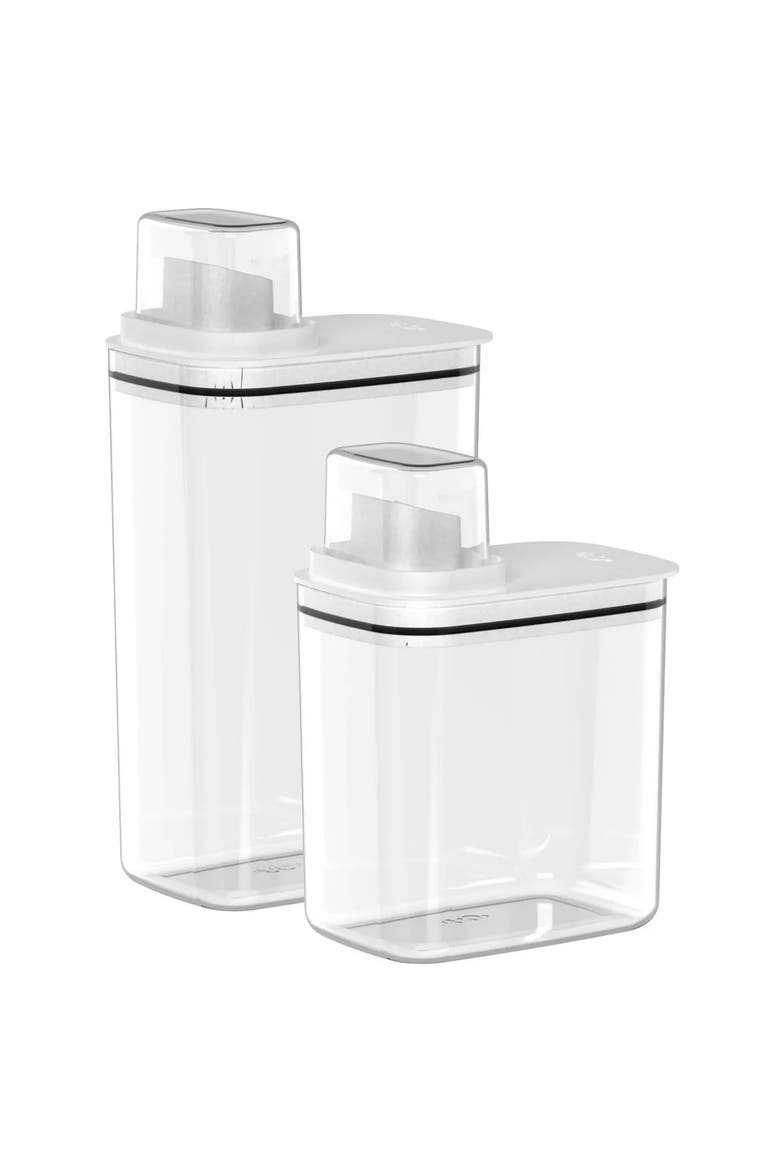 Durable Clear Laundry Detergent Dispenser Organizer with Measuring Cap 2 Pack, 50 oz and 77 oz, Main, color, Clear/White