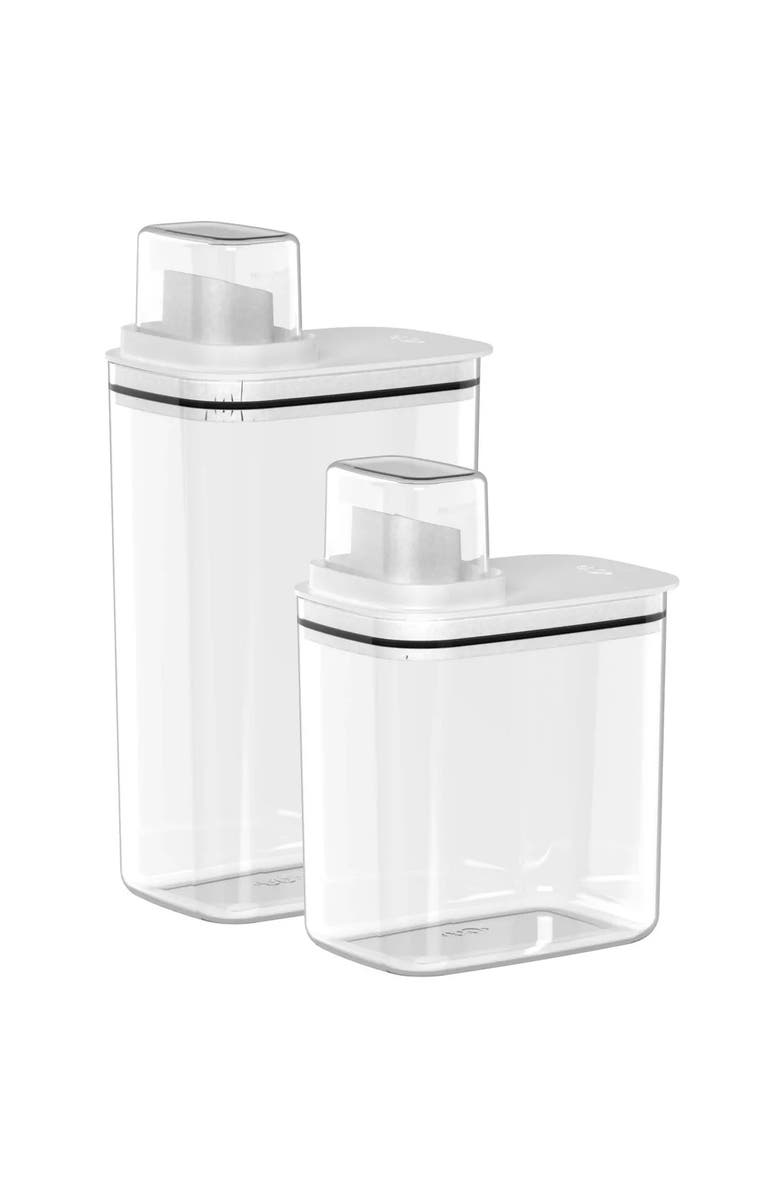OU Durable Clear Laundry Detergent Dispenser Organizer with Measuring Cap 2 Pack, 50 oz and 77 oz, Main, color, 