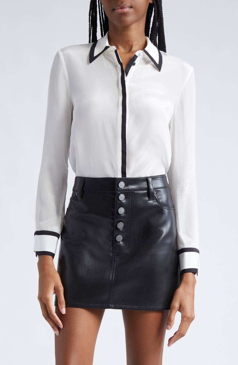 Alice + Olivia Willa Contrast Trim Silk Button-Up Top, Main, color,
