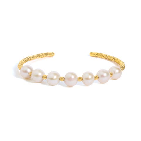 18K Yellow Gold Freshwater Pearl Cuff Bangle Bracelet