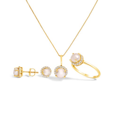 10K Gold Gemstone and 3/8 Cttw Diamond Halo Jewelry Set (Earrings, Pendant & Ring)