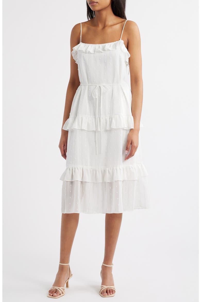 Ruffle Clip Dot Tie Strap Midi Dress, Main, color, IVORY