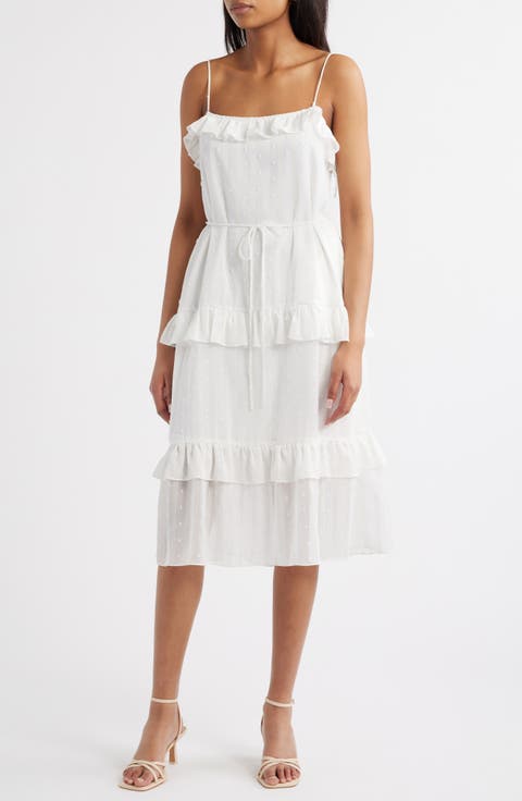 Ruffle Clip Dot Tie Strap Midi Dress