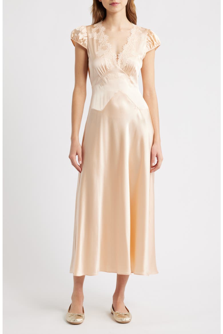 Coraline Lace Detail Floral Satin Maxi Dress, Main, color, PEACH SORBET